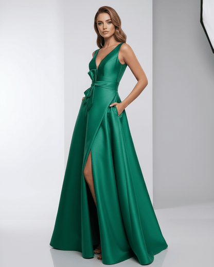 Siena Maxi Dress in green satin featuring A-line silhouette, V-neckline, structured waist with bow, by Lauven.