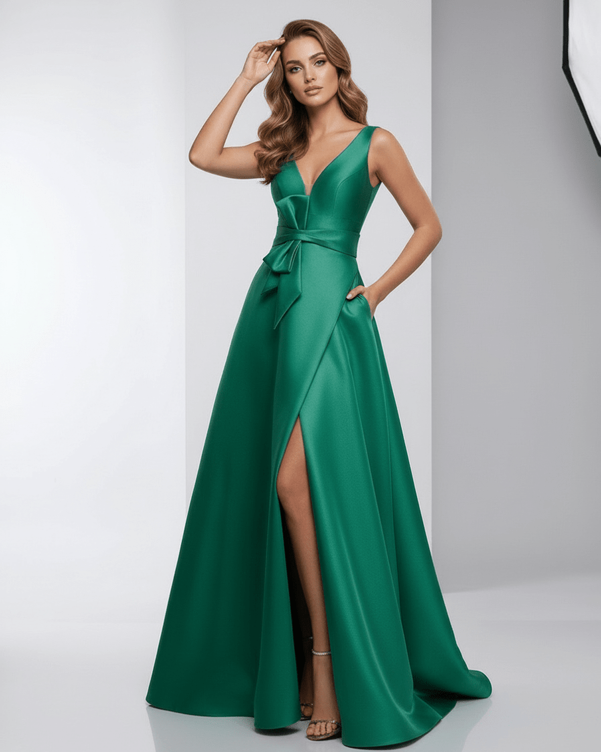 Siena Maxi Dress in green satin, A-line silhouette, V-neck, and knot bow detail by Lauven