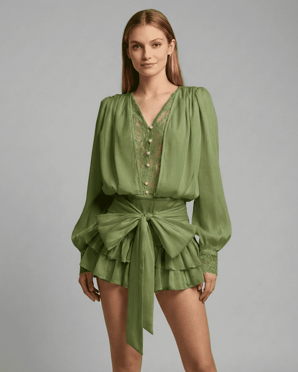 Siena Mini Dress by Lauven featuring lace detail, V-neck, long sleeve, and tiered silhouette in chic green.