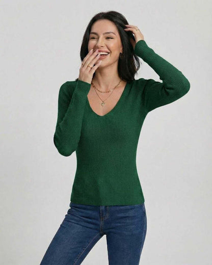 Siena Pullover by Lauven – Women's V-Neck Pullover Sweater with Slim Fit and Long Sleeves in Green