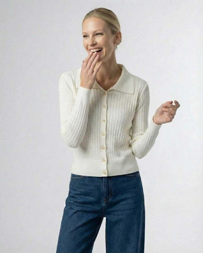 Sienna Cardigan by Lauven, women's button front knit cardigan sweater in cream with ribbed texture.