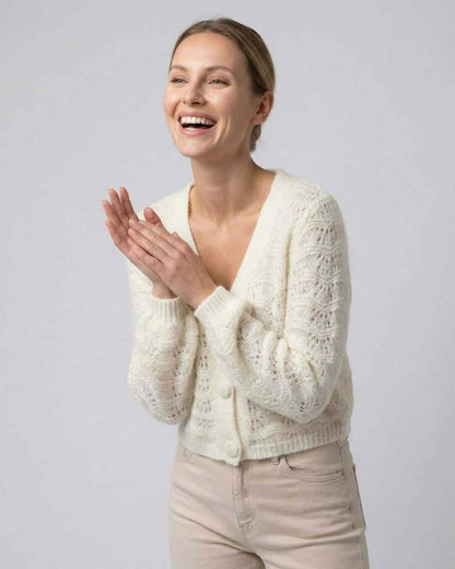 Sienna Cardigan by Lauven – Women's V-Neck Cardigan Sweater with Hollow Out Knit in Cream Color.