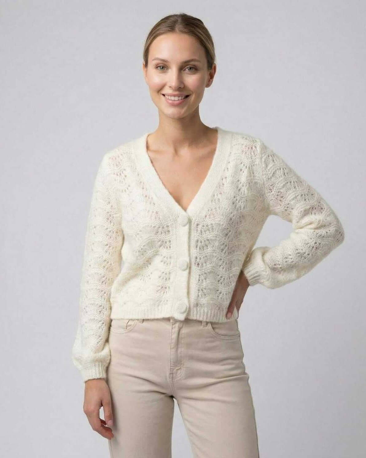 Sienna Cardigan by Lauven - Women's V-Neck Hollow Out Knit Sweater in cream color, perfect for layering.