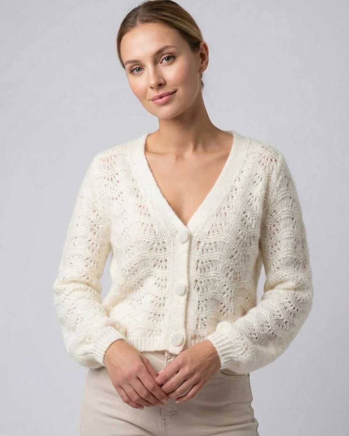 Sienna Cardigan by Lauven – Women’s V-Neck Cardigan with Hollow Out Knit & Long Sleeves in Cream