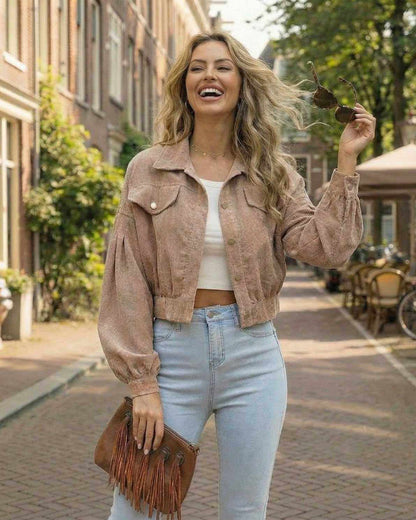 Sienna Jacket by Lauven, women’s cropped jacket with lantern sleeves and soft corduroy texture, showcasing modern streetwear style.