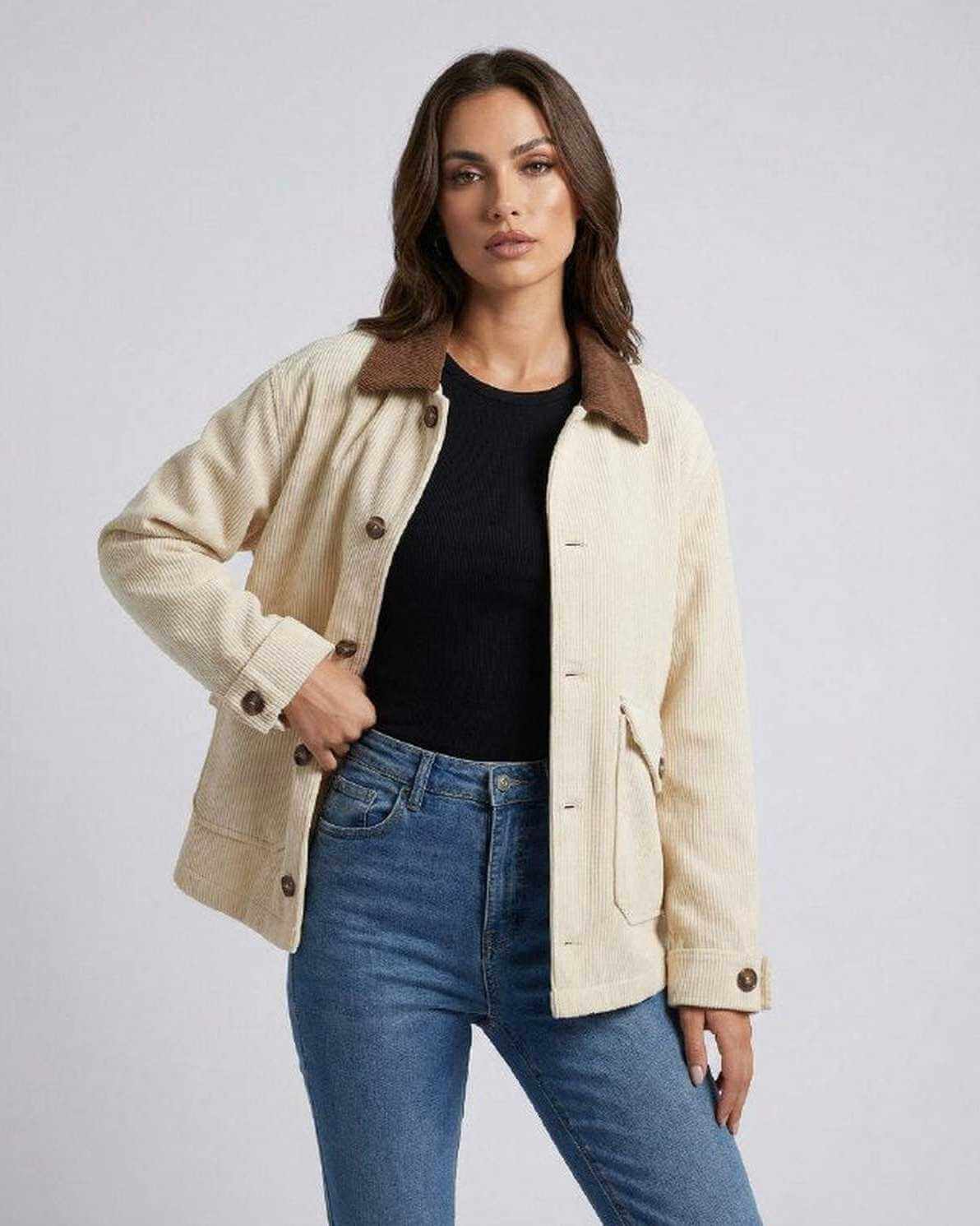 Sienna Jacket by Lauven - Women’s oversized jacket in cream with a contrast lapel collar for casual fall streetwear.