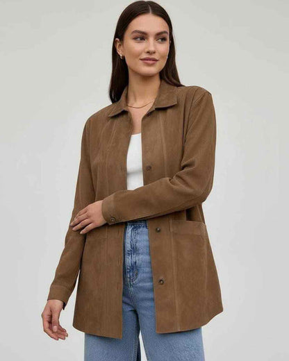 Sienna Jacket by Lauven, women's oversized jacket in rich brown tone with relaxed fit and button-down closure.