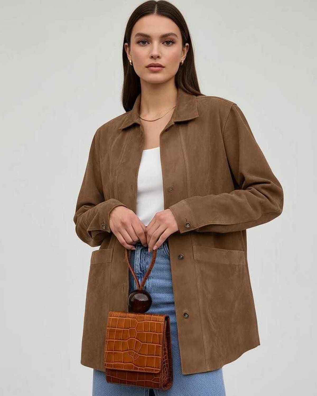 Sienna Jacket by Lauven, women's oversized jacket in rich brown with relaxed fit and button-down closure.