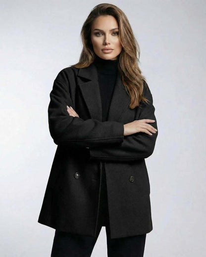 Sienna Jacket by Lauven, women’s oversized black jacket with double breasted tailoring, perfect for workwear and layering.