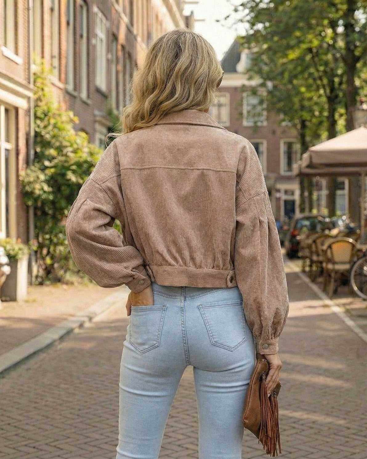 Sienna Jacket by Lauven, women’s cropped jacket with lantern sleeves, soft corduroy fabric, relaxed fit, modern streetwear.