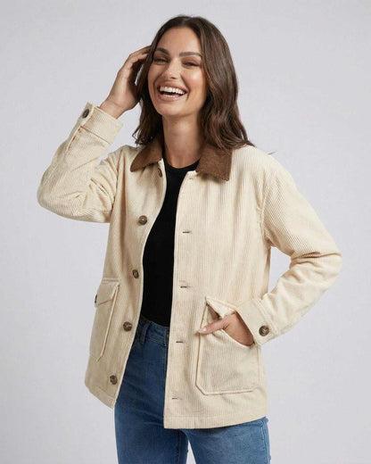 Sienna Jacket by Lauven, women's oversized jacket in cream with contrast lapel, perfect for casual fall and streetwear style.