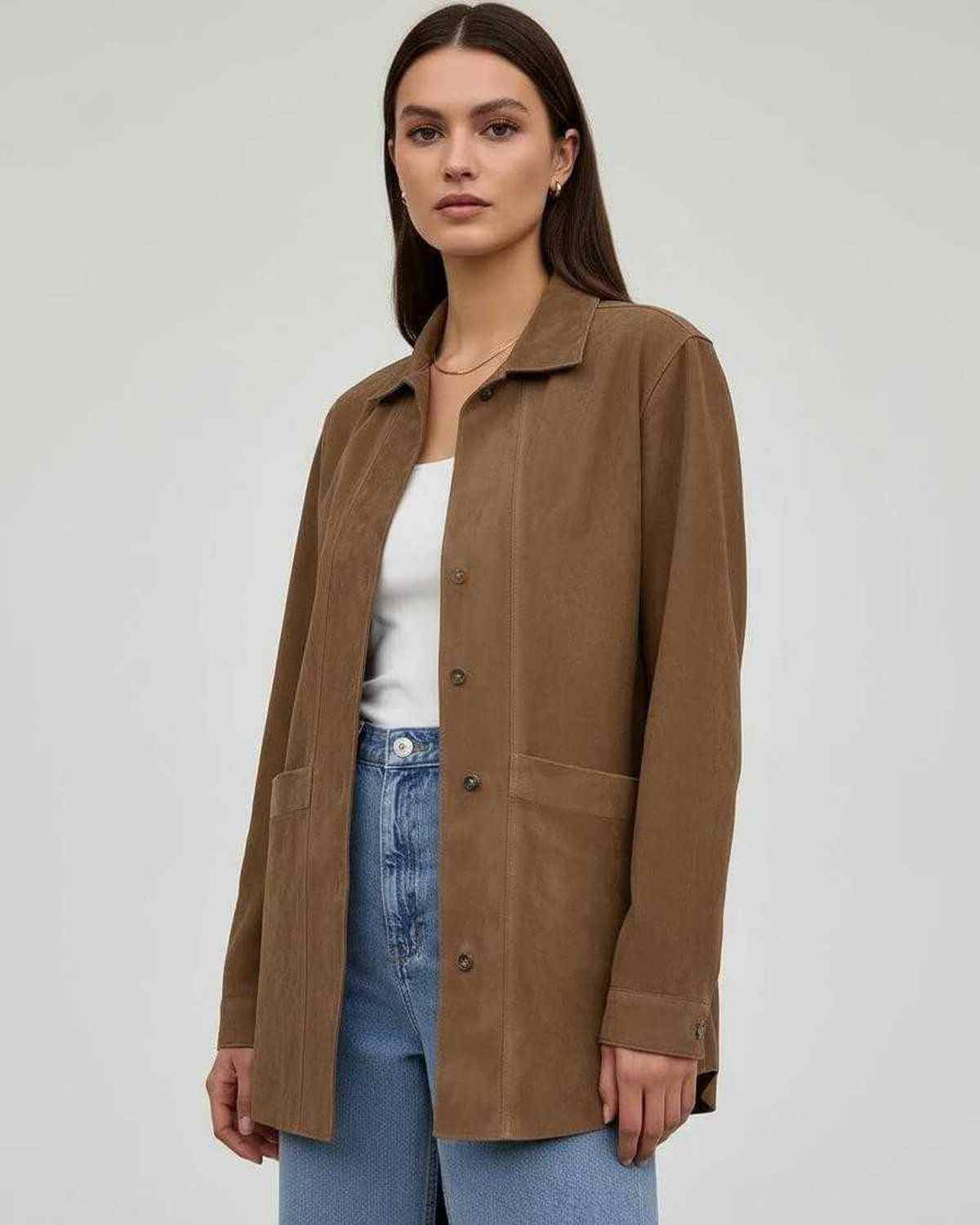 Sienna Jacket by Lauven - Women’s oversized jacket in rich brown with relaxed fit and button-down closure.