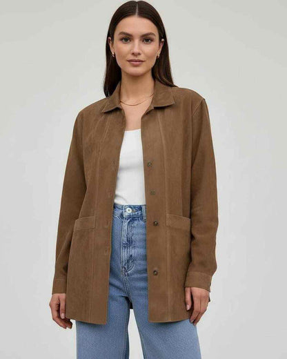 Sienna Jacket by Lauven - Women’s Oversized Jacket in rich brown tone with relaxed fit and button-down closure.