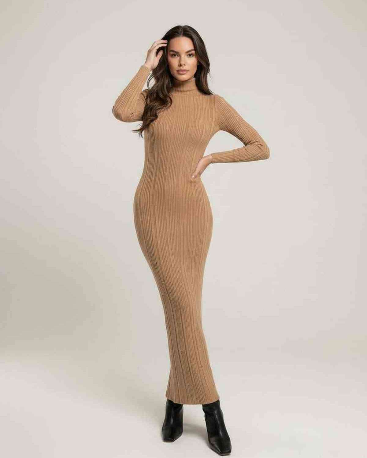 Sienna Maxi Dress in beige ribbed knit with turtleneck, showcasing a sleek, minimalist silhouette by Lauven.
