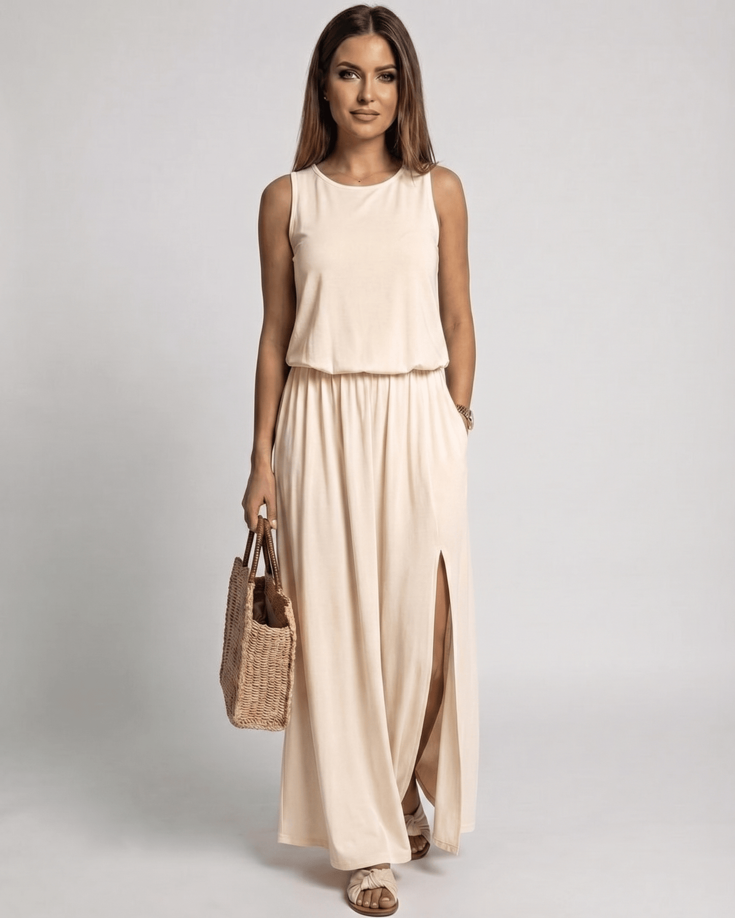 Sienna Maxi Dress beige sleeveless maxi dress with side slit by Lauven for effortless movement and comfort.