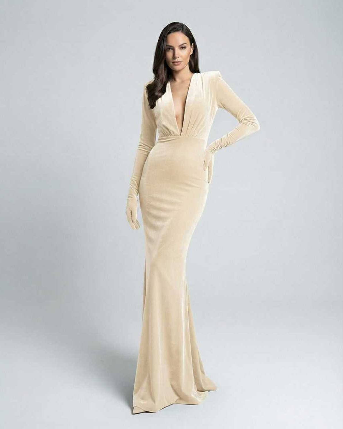 Sienna Maxi Dress featuring deep V-neck, long sleeves, and velvet texture by Lauven, offering a refined and elegant look.