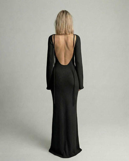 Sienna Maxi Dress - Black A-Line with backless detail, flare sleeves by Lauven.