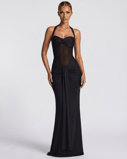 Sienna Maxi Dress - Black Halter Maxi Dress with Mesh Panel and Mermaid Silhouette by Lauven