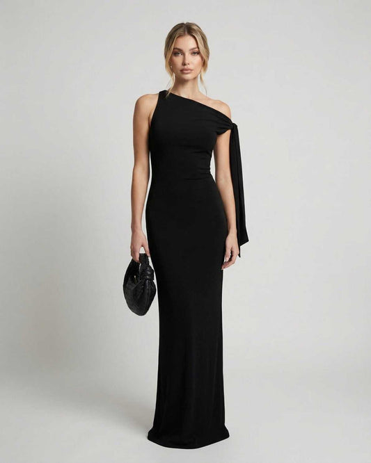Sienna Maxi Dress - Black One Shoulder Maxi Dress by Lauven, showcasing sleek evening silhouette and elegant design.