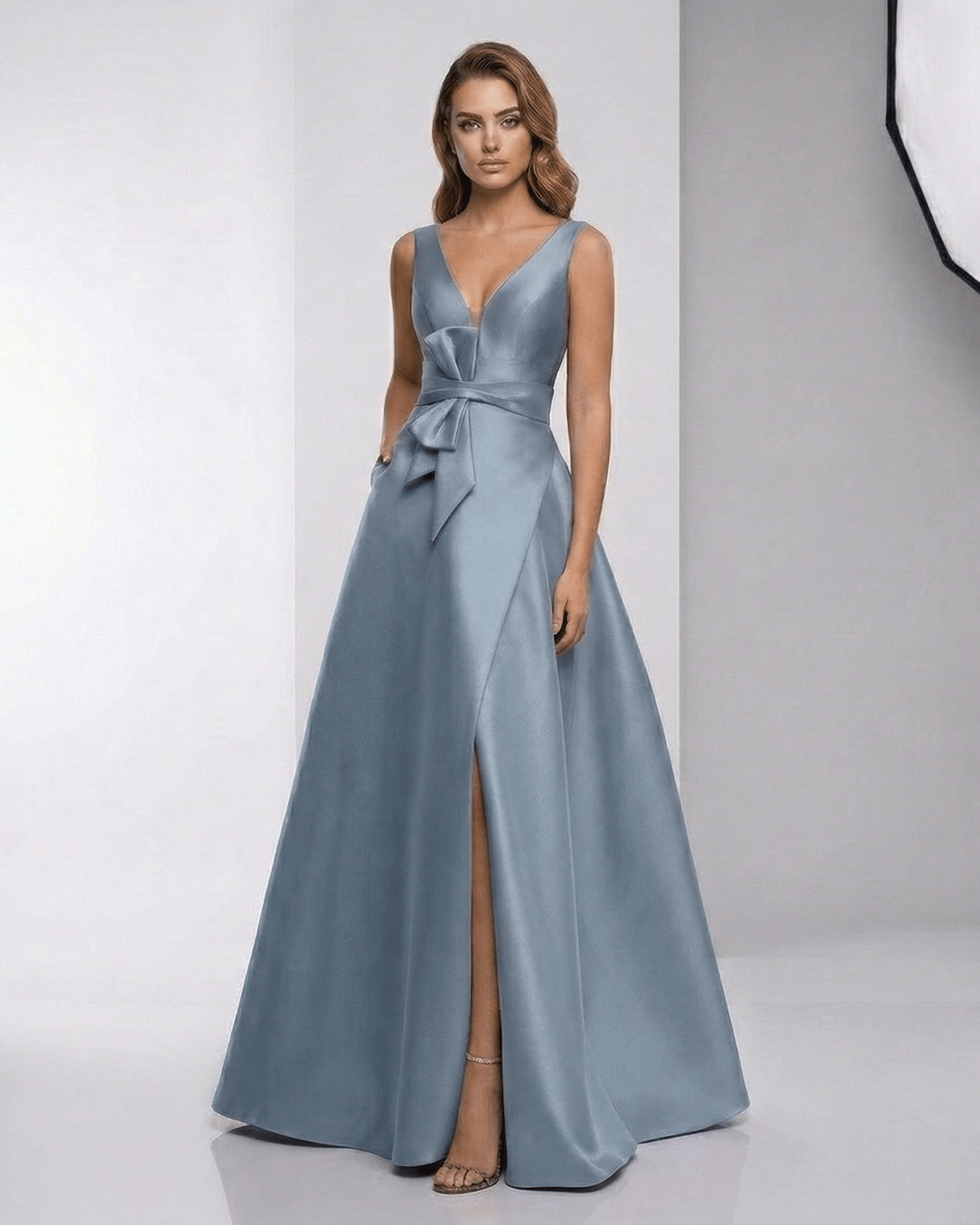 Sienna Maxi Dress showing a blue satin A-line V-neck design with elegant floor-length style by Lauven.
