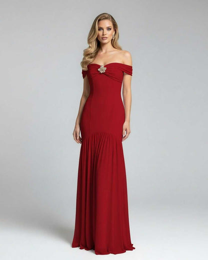 Sienna Maxi Dress by Lauven, bold off-shoulder evening gown in rich red with metallic embellishment.