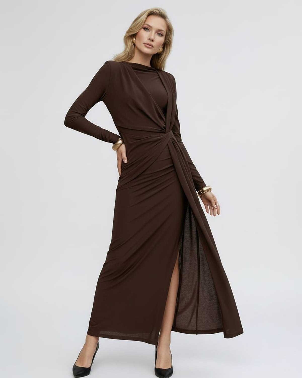 Sienna Maxi Dress in brown bodycon design with long sleeves and draped waist detail from Lauven.
