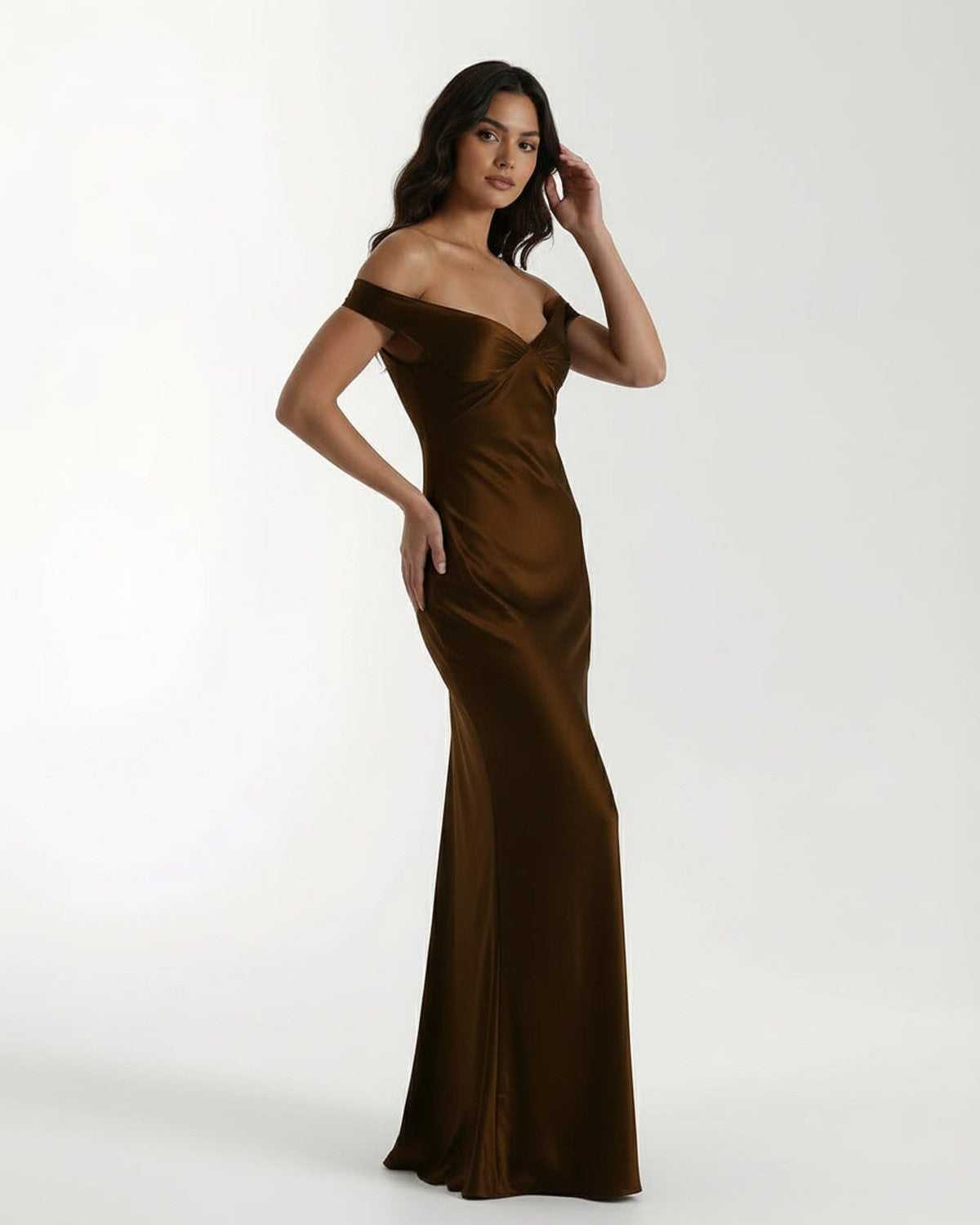 Sienna Maxi Dress in rich brown satin with off-shoulder neckline, showcasing elegance by Lauven.