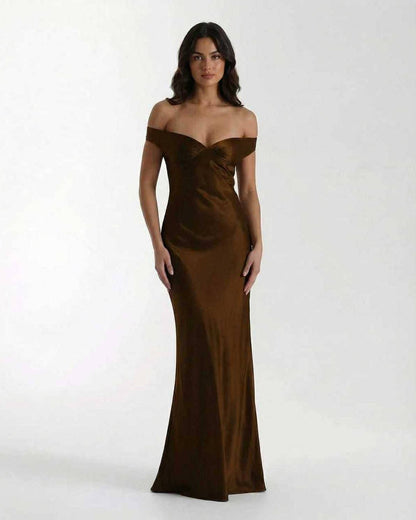 Sienna Maxi Dress featuring a brown satin finish and off-shoulder design from Lauven, perfect for elegant occasions.
