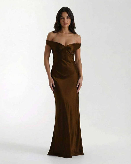 Sienna Maxi Dress featuring a brown satin finish and off-shoulder design from Lauven, perfect for elegant occasions.