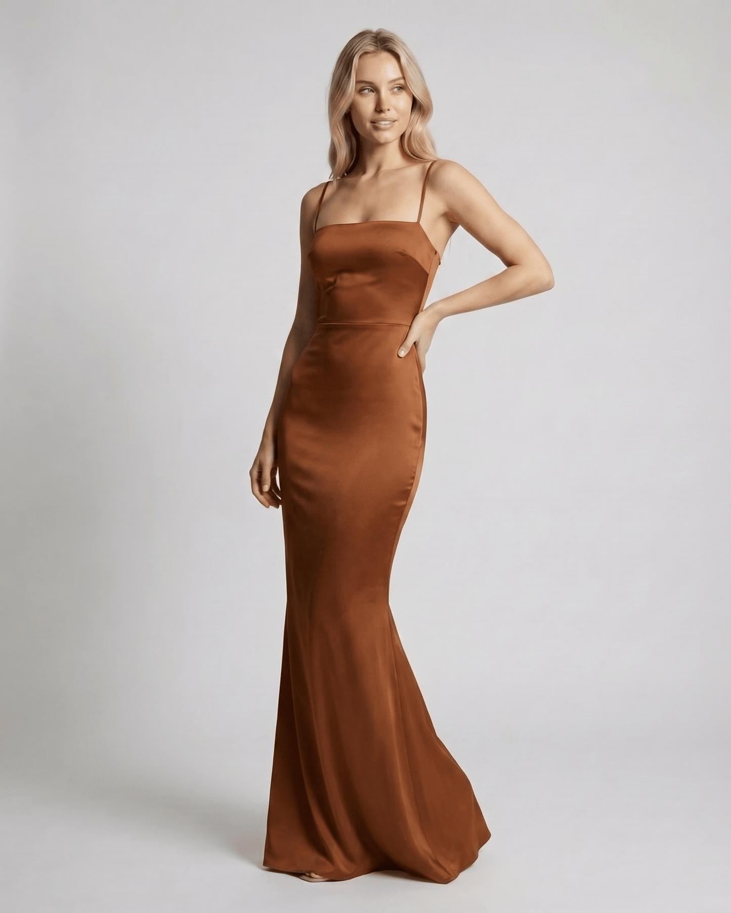 Sienna Maxi Dress in brown satin featuring spaghetti straps and sleek silhouette by Lauven.