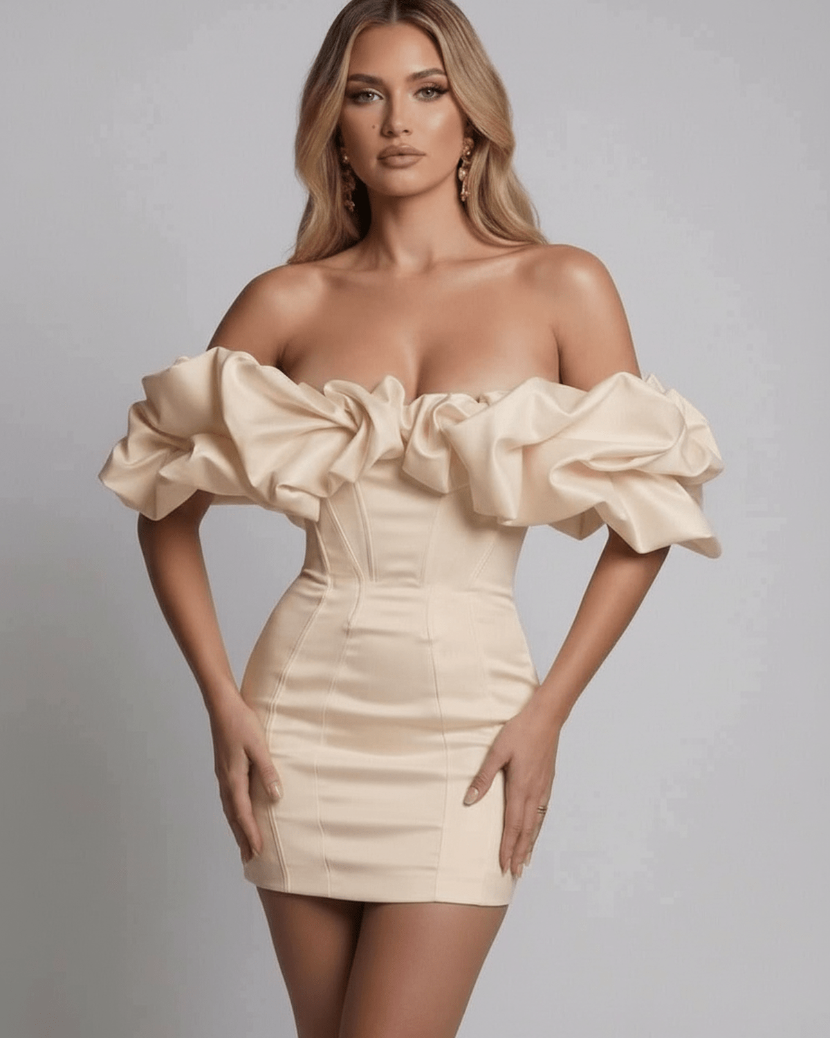 Sienna Maxi Dress - Champagne satin off shoulder mini dress with ruffle detail by Lauven, delivering refined femininity.