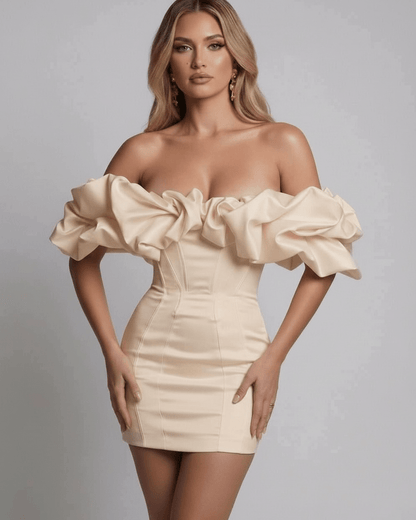Sienna Maxi Dress - Champagne satin off shoulder mini dress with ruffle detail by Lauven, delivering refined femininity.
