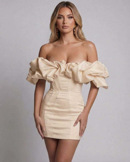 Sienna Maxi Dress in champagne satin with ruffle detail, featuring structured fit by Lauven for a feminine, sculpted look.
