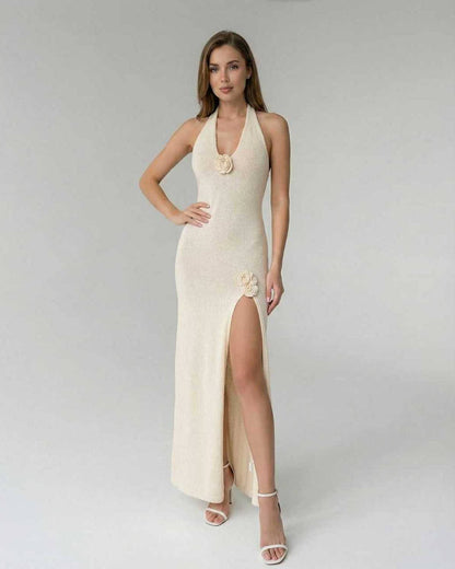 Sienna Maxi Dress - Cream halter dress with floral detail and high slit by Lauven, embodying elegance and refined minimalism.