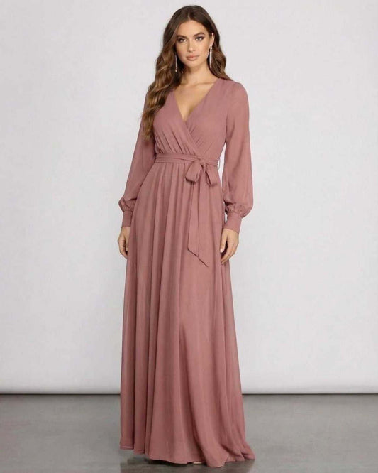 Sienna Maxi Dress in dusty rose chiffon, long sleeve wrap front, elegant A-line silhouette by Lauven.
