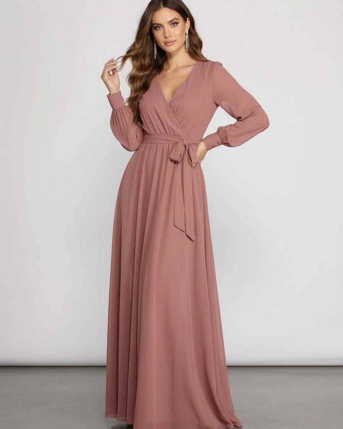 Sienna Maxi Dress in Dusty Rose Chiffon with long sleeves and V-neckline by Lauven, perfect as formal wear.