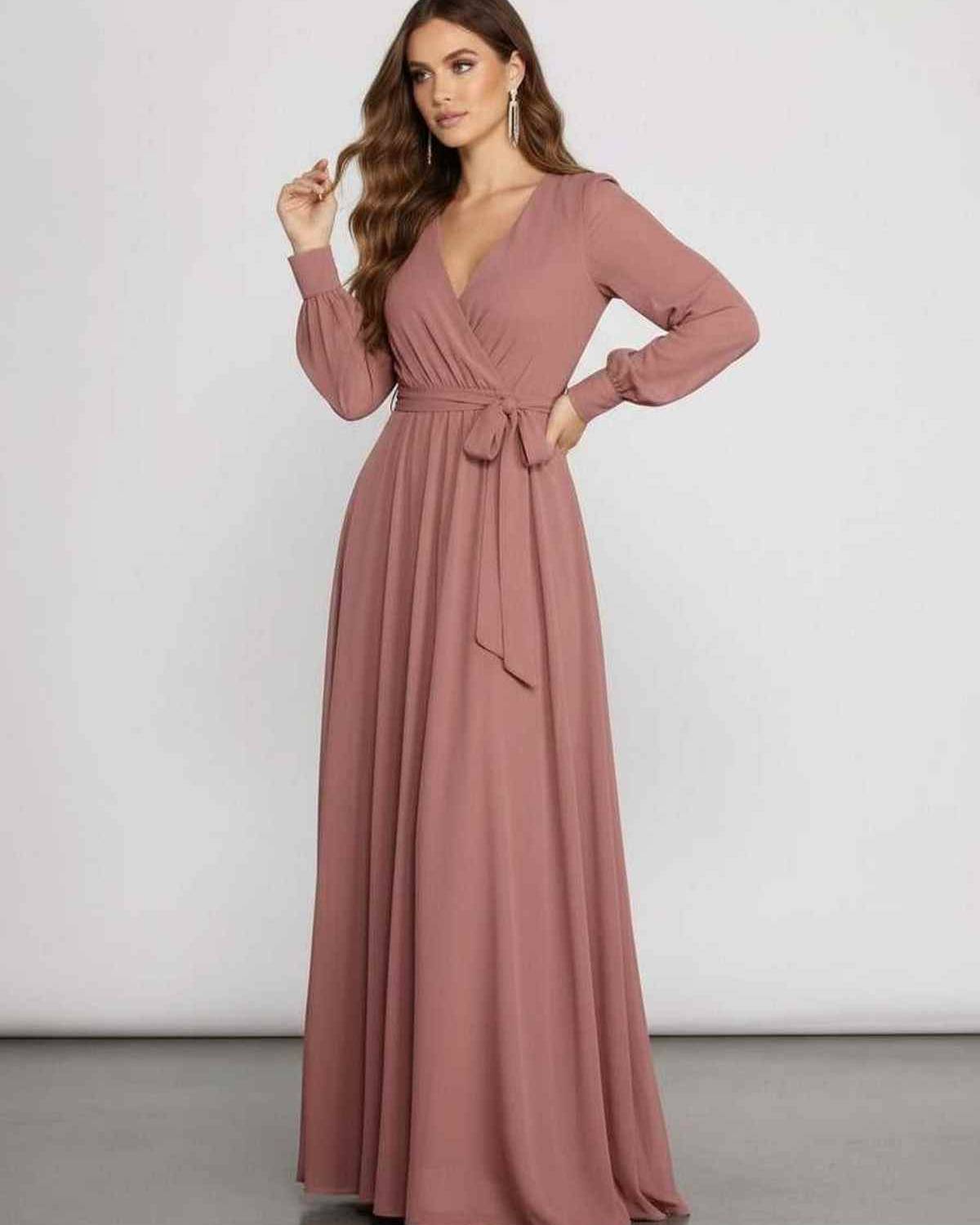 Sienna Maxi Dress in dusty rose chiffon, long sleeve, elegant drape, from Lauven, perfect for formal occasions.