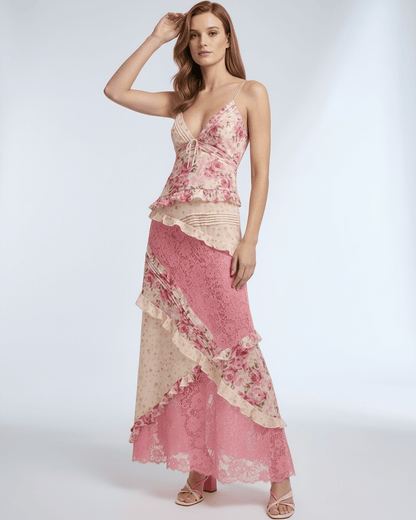 Sienna Maxi Dress featuring floral lace, ruffle v-neck, feminine layers in soft pink from Lauven brand.