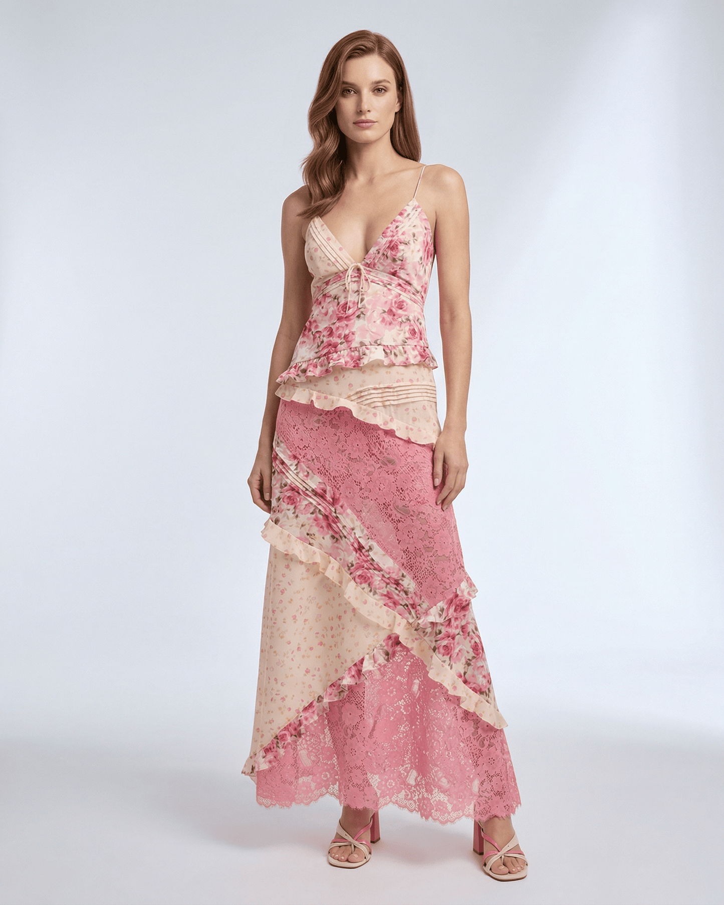 Sienna Maxi Dress - Floral lace ruffle V-neck with soft pink hues for a romantic look by Lauven.
