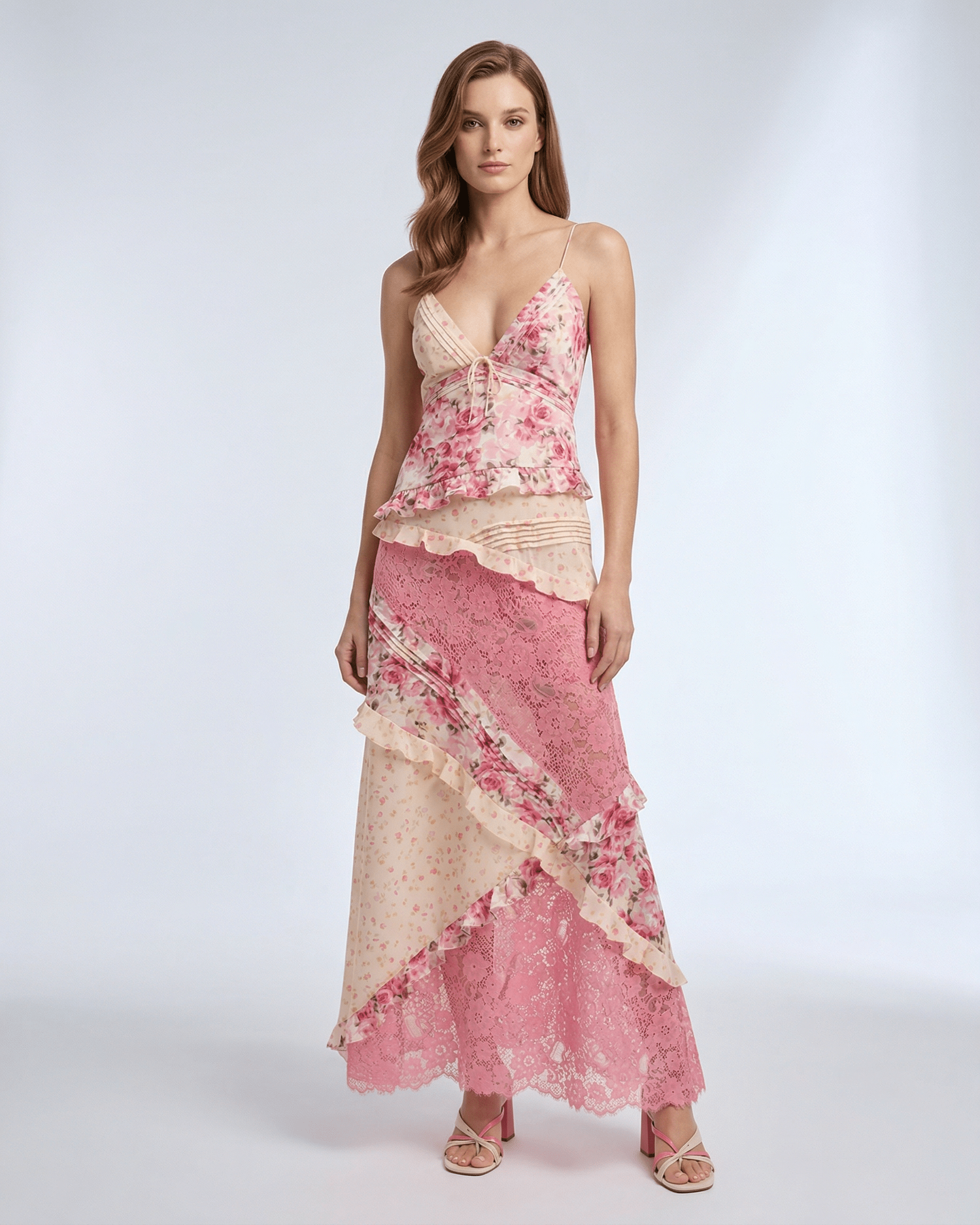 Sienna Maxi Dress - Floral lace ruffle V-neck with soft pink hues for a romantic look by Lauven.