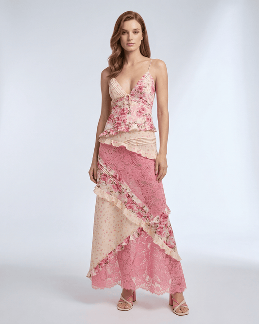 Sienna Maxi Dress - Floral lace ruffle V-neck with soft pink hues for a romantic look by Lauven.