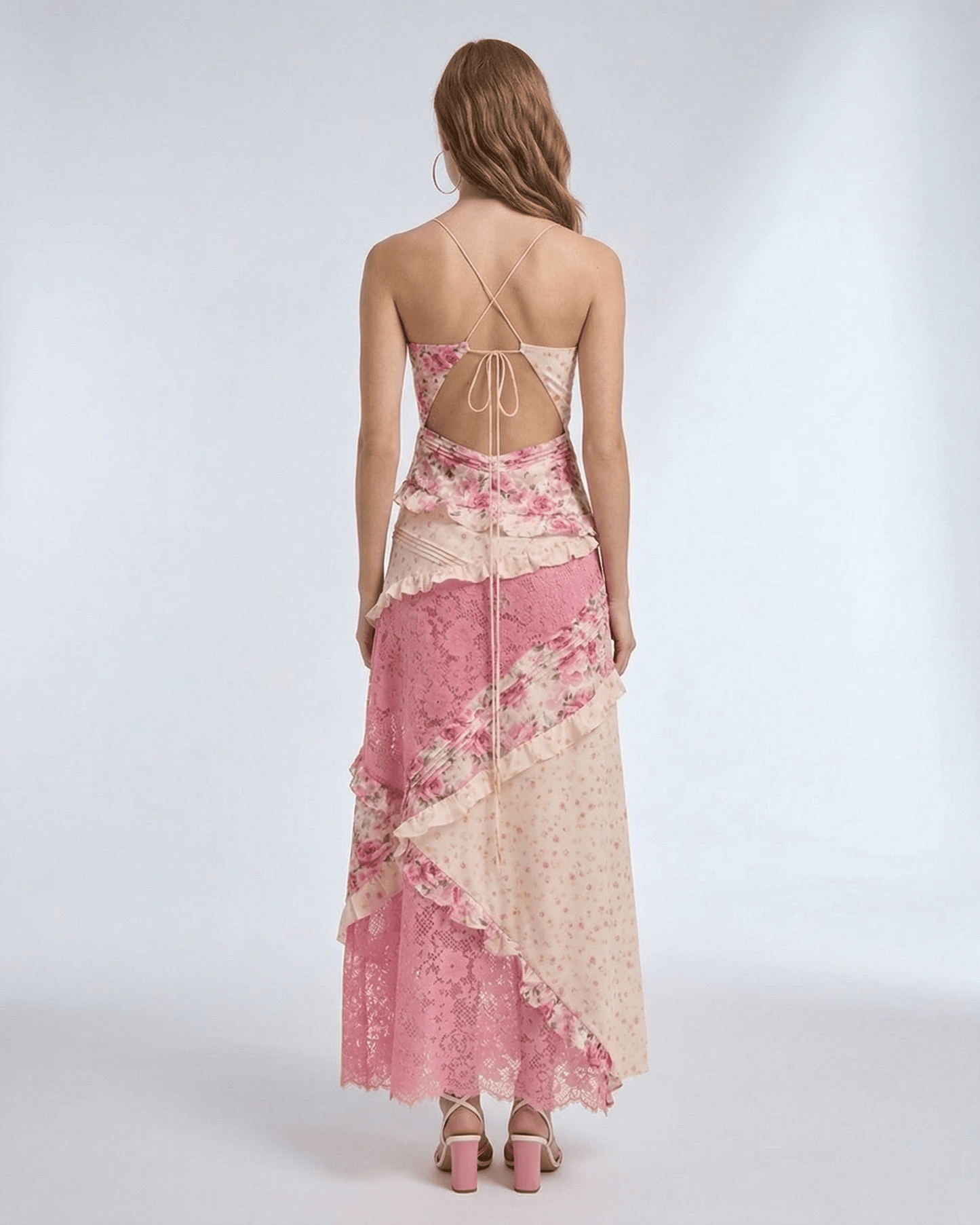 Sienna Maxi Dress - Floral lace ruffle V-neck design featuring a soft pink palette, lightweight fabric and romantic finish by Lauven.