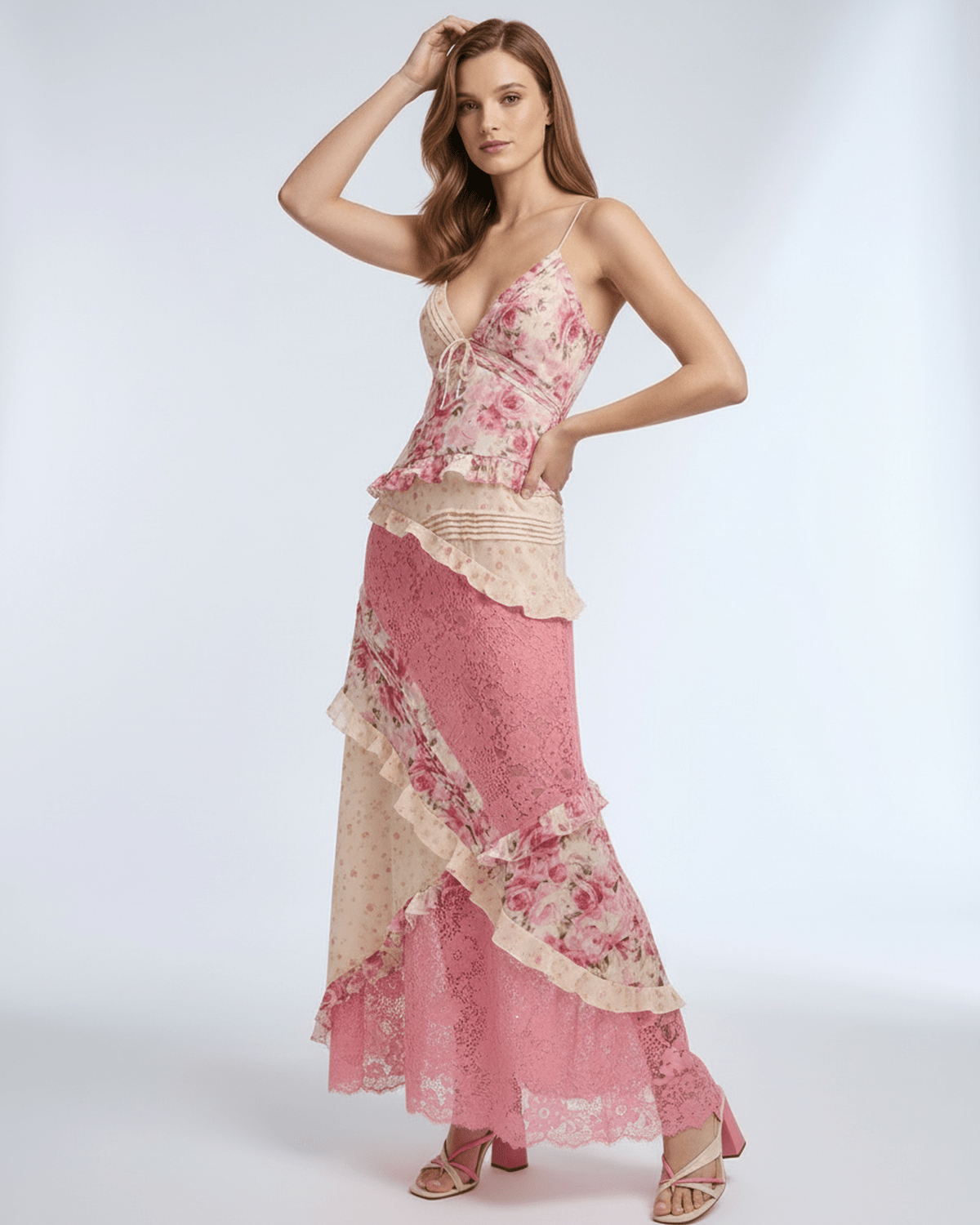 Sienna Maxi Dress featuring floral lace, ruffle V-neck, and a flowing silhouette by Lauven.