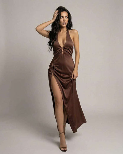 Sienna Maxi Dress by Lauven, showcasing a sleek satin design with a side slit and a stunning brown hue.