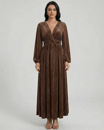 Sienna Maxi Dress by Lauven, pleated velvet long sleeve dress with V-neck and ankle-length hem.