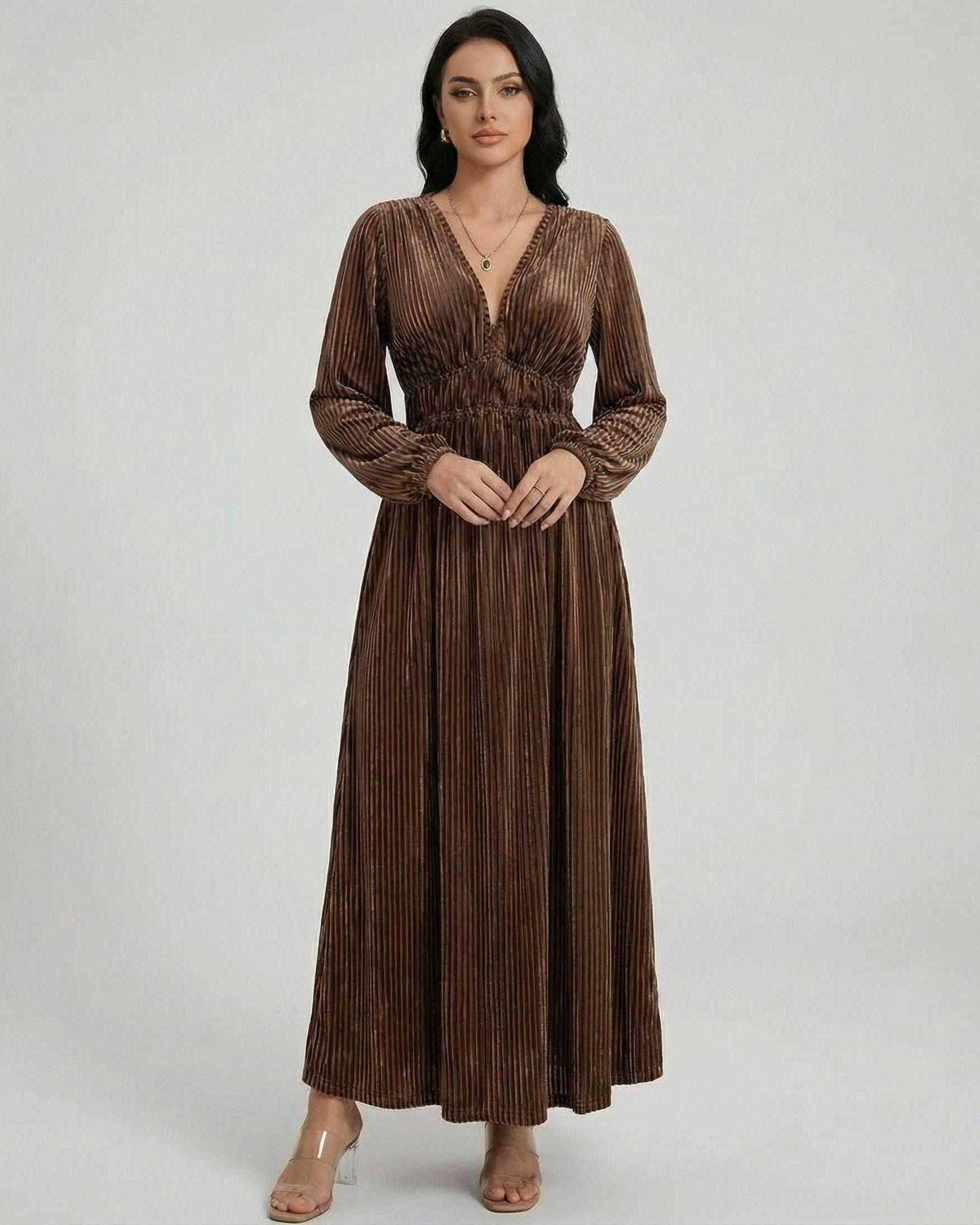 Sienna Maxi Dress by Lauven, a pleated velvet long sleeve dress with a V-neck and elegant silhouette.