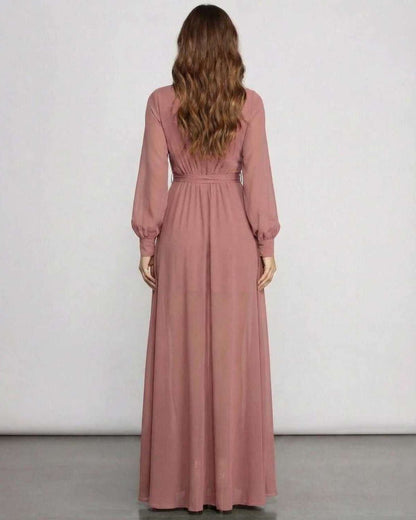 Sienna Maxi Dress back view in dusty rose chiffon, featuring long sleeves and elegant A-line silhouette by Lauven.