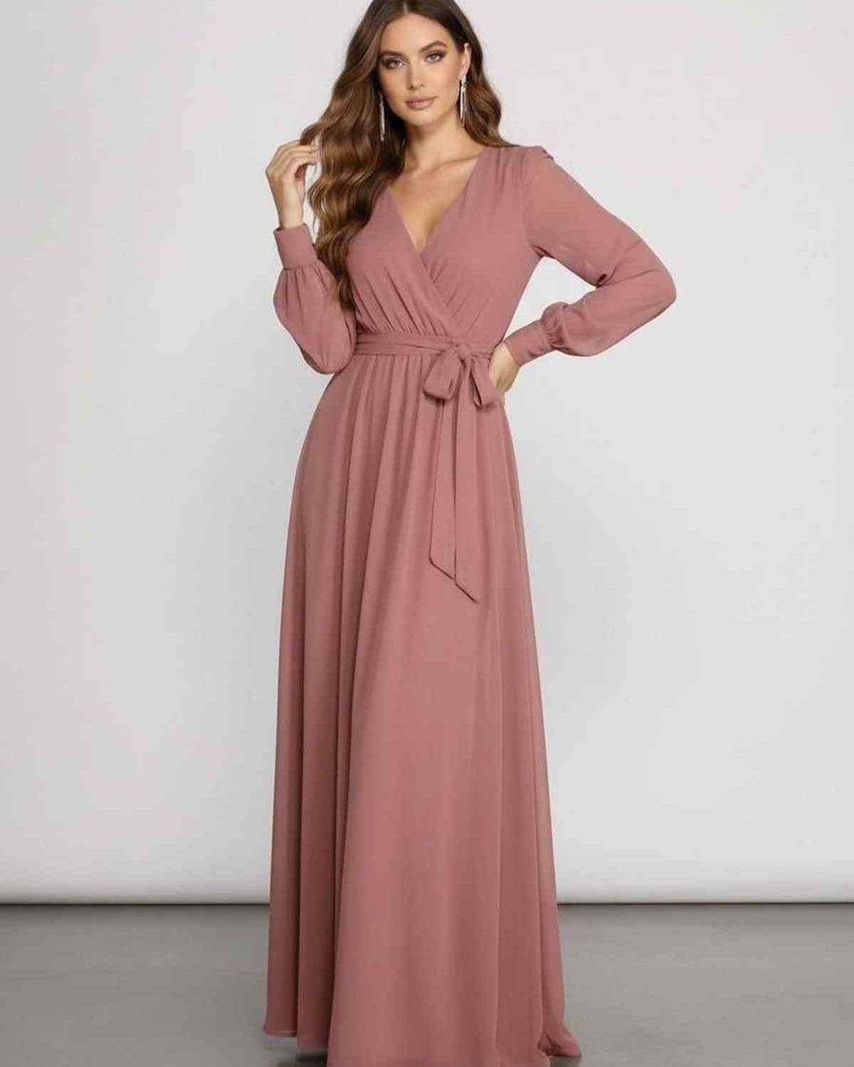 Sienna Maxi Dress in dusty rose chiffon, featuring long sleeves, wrap V-neckline, and elegant A-line silhouette by Lauven.