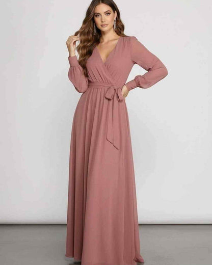 Sienna Maxi Dress in dusty rose chiffon, featuring long sleeves, wrap V-neckline, and elegant A-line silhouette by Lauven.