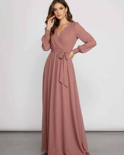 Sienna Maxi Dress in dusty rose chiffon, featuring a wrap front, V-neckline, and elegant A-line silhouette by Lauven.